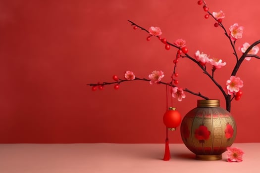 Chinese new year background with traditional lanterns, sakura flowers and copy space. Lunar new year concept by AI Generated photo