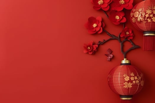 Chinese new year background with traditional lanterns, sakura flowers and copy space. Lunar new year concept by AI Generated photo