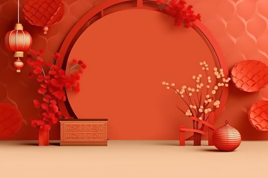 Chinese new year background with traditional lanterns, sakura flowers and copy space. Lunar new year concept by AI Generated photo