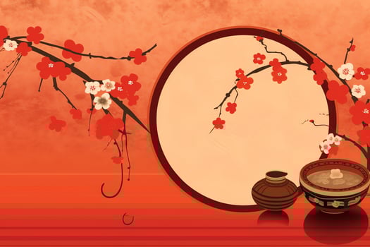 Chinese new year background with traditional lanterns, sakura flowers and copy space. Lunar new year concept by AI Generated photo