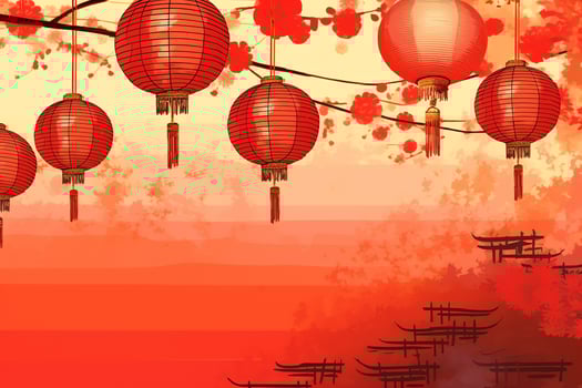Chinese new year background with traditional lanterns, sakura flowers and copy space. Lunar new year concept by AI Generated photo