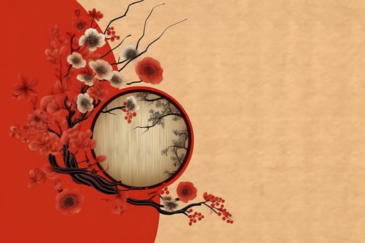 Chinese new year background with traditional lanterns, sakura flowers and copy space. Lunar new year concept by AI Generated photo