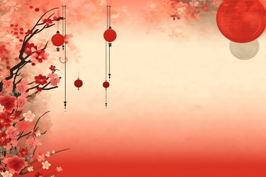 Chinese new year background with traditional lanterns, sakura flowers and copy space. Lunar new year concept by AI Generated photo