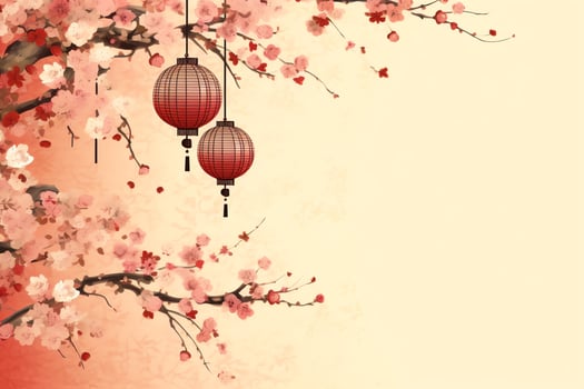 Chinese new year background with traditional lanterns, sakura flowers and copy space. Lunar new year concept by AI Generated photo
