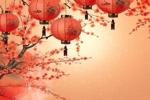 Chinese new year background with traditional lanterns, sakura flowers and copy space. Lunar new year concept by AI Generated photo