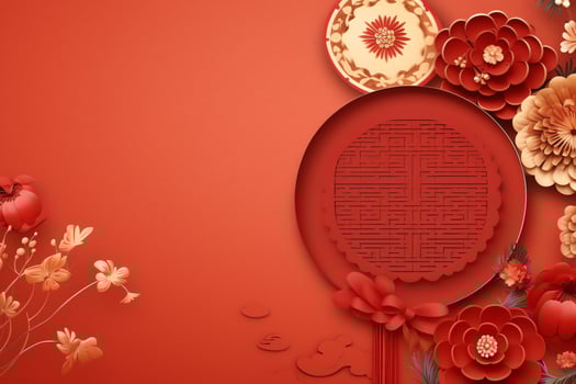 Chinese new year background with traditional lanterns, sakura flowers and copy space. Lunar new year concept by AI Generated photo