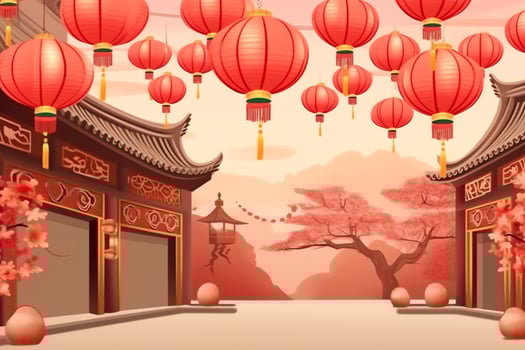 Chinese new year background with traditional lanterns, sakura flowers and copy space. Lunar new year concept by AI Generated photo