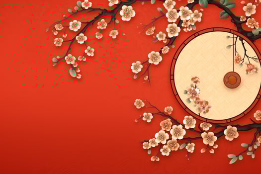 Chinese new year background with traditional lanterns, sakura flowers and copy space. Lunar new year concept by AI Generated photo