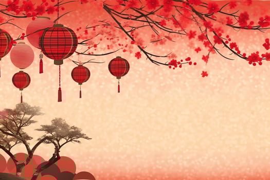 Chinese new year background with traditional lanterns, sakura flowers and copy space. Lunar new year concept by AI Generated photo