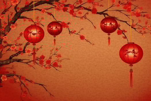 Chinese new year background with traditional lanterns, sakura flowers and copy space. Lunar new year concept by AI Generated photo