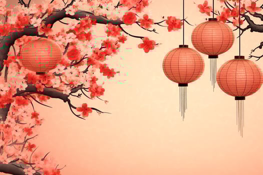 Chinese new year background with traditional lanterns, sakura flowers and copy space. Lunar new year concept by AI Generated photo