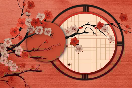 Chinese new year background with traditional lanterns, sakura flowers and copy space. Lunar new year concept by AI Generated photo