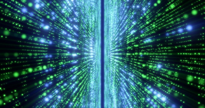 Abstract green energy hi-tech lines and digital particles fly in a tunnel with bokeh effect glowing background photo