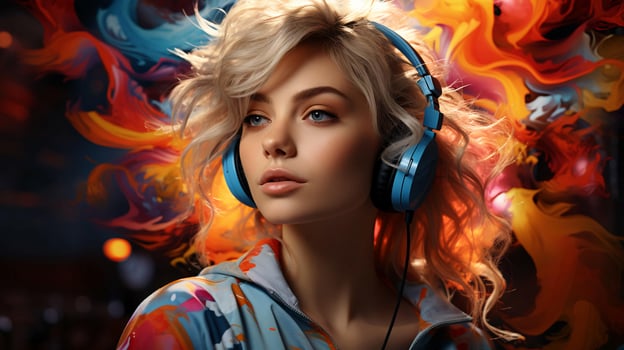 A beautiful woman wearing headphones listens to loud music and dances enjoying the sound photo