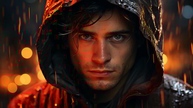 AI-Generated young man in a hood in the evening in the rain, close-up of his face photo