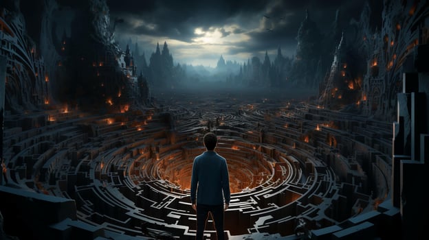 A man stands in a maze and thinks, view from the back. The concept of difficulty in making a decision photo