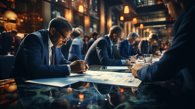 Concept of a business meeting of businessmen to solve important financial issues, people in the office at negotiations photo