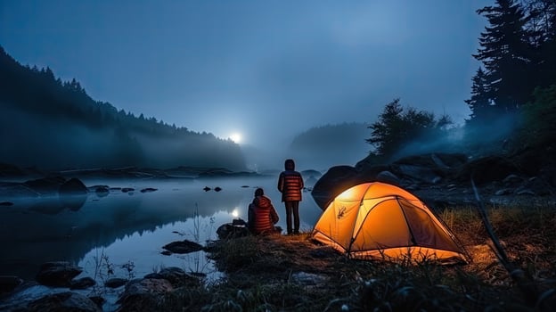 Night camping on the banks of male and female hikers There is thick fog along the river. photo