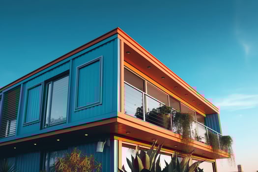 A container home building on a plot of land. 2 storey modern container house, cafe or restaurant concept by AI Generated photo