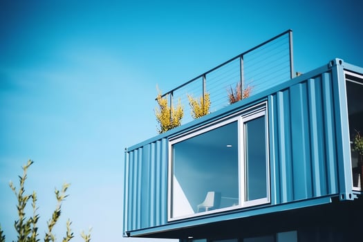 A container home building on a plot of land. 2 storey modern container house, cafe or restaurant concept by AI Generated photo