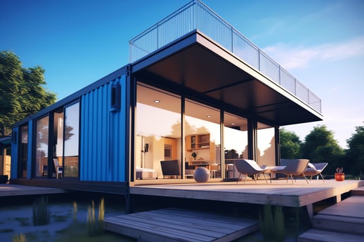 A container home building on a plot of land. 2 storey modern container house, cafe or restaurant concept by AI Generated photo