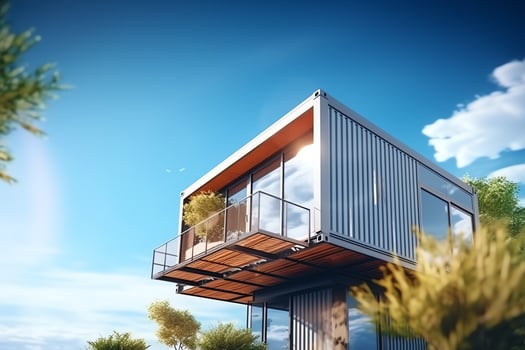 A container home building on a plot of land. 2 storey modern container house, cafe or restaurant concept by AI Generated photo