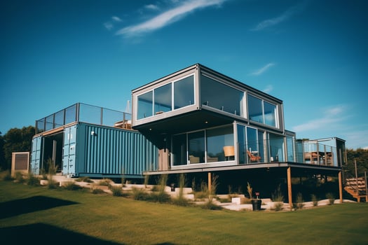 A container home building on a plot of land. 2 storey modern container house, cafe or restaurant concept by AI Generated photo