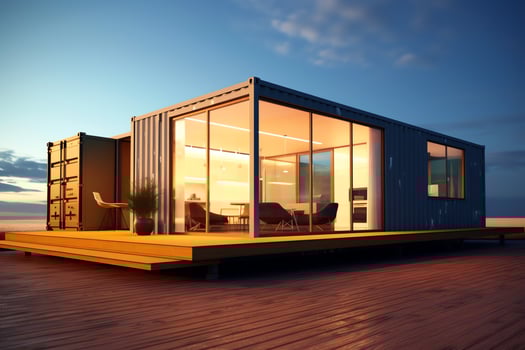 A container home building on a plot of land. 2 storey modern container house, cafe or restaurant concept by AI Generated photo