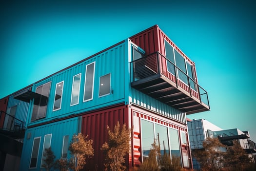A container home building on a plot of land. 2 storey modern container house, cafe or restaurant concept by AI Generated photo
