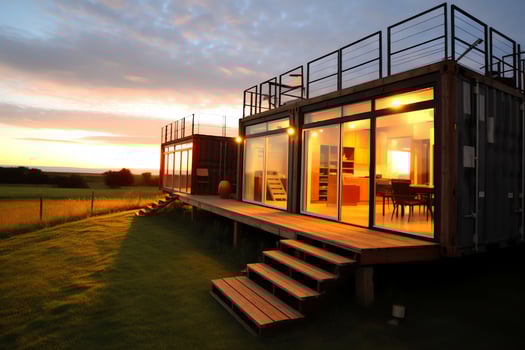 A container home building on a plot of land. 2 storey modern container house, cafe or restaurant concept by AI Generated photo