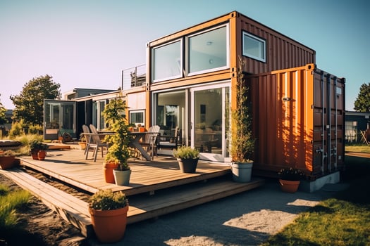 A container home building on a plot of land. 2 storey modern container house, cafe or restaurant concept by AI Generated photo