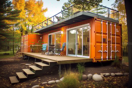 A container home building on a plot of land. 2 storey modern container house, cafe or restaurant concept by AI Generated photo