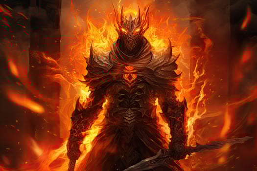 Fantasy dragon in the fire. 3D illustration. Fantasy, Encounter the Masked Flame Guardian, a fearless warrior wielding a blazing sword, standing against the forces of darkness, AI Generated photo