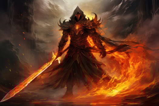 Fantasy demon warrior with sword in fire. 3D illustration, Encounter the Masked Flame Guardian, a fearless warrior wielding a blazing sword, standing against the forces of darkness, AI Generated photo
