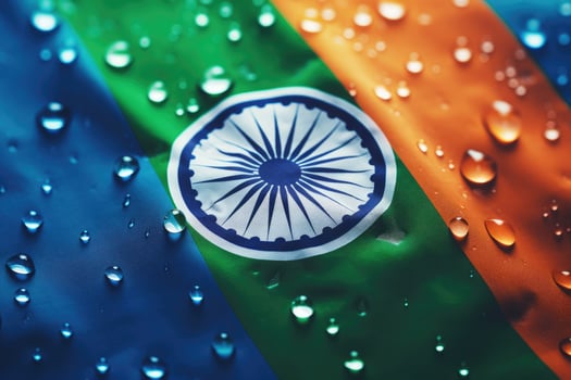 indian flag with raindrops - close up view of indian flag, Drops of water on India flag background. Shallow depth of field, AI Generated photo
