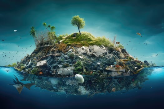 Underwater world with plastic garbage. 3d illustration. Elements of this image furnished by NASA, Environmental disaster concept. Plastic Island or Great Pacific Garbage Patch, AI Generated photo