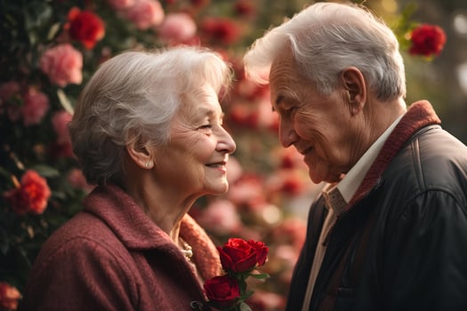 Happy senior couple in love on Valentine's Day. AI generative photo