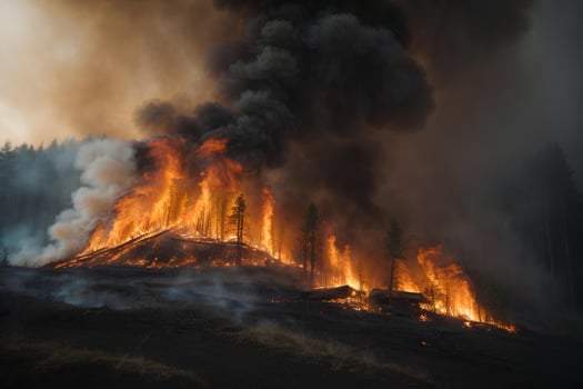 Forest fire. Grass and trees are burning. Fire and smoke. Ecological catastrophe. AI generative photo