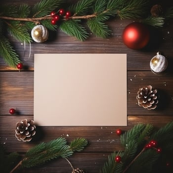AI Generated Mockup of blank invitation greeting card on Christmas themed background. photo