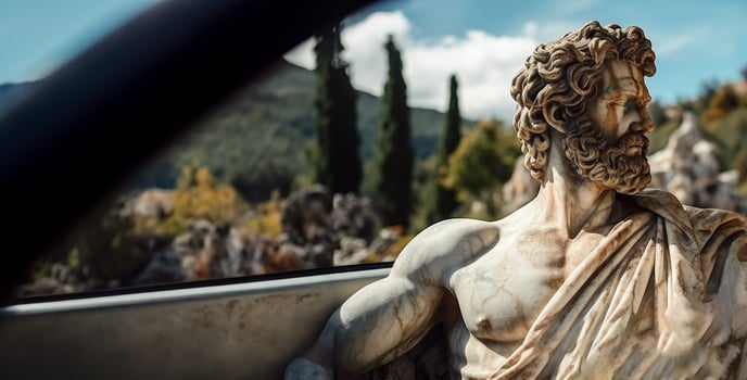 Marble Ancient greek statue travels by car photo