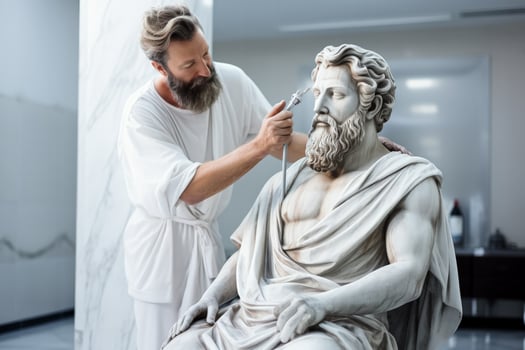 Marble ancient greek statue in the beauty salon having haircut photo