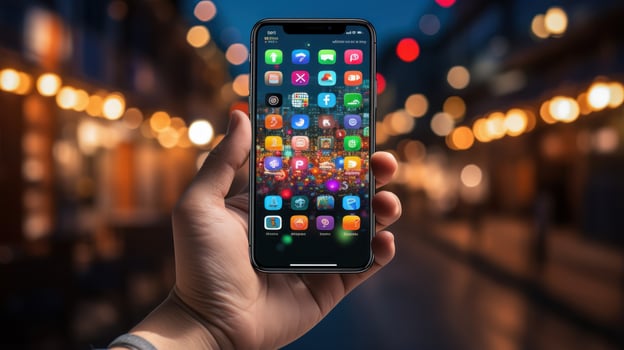 Mobile marketing. Hand holding a smartphone with app photo