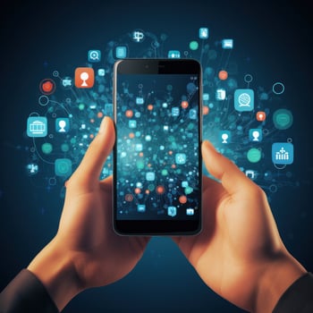 Mobile marketing. Hand holding a smartphone with app photo