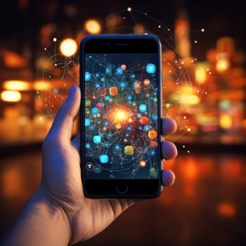 Mobile marketing. Hand holding a smartphone with app photo