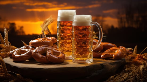 Oktoberfest celebration with beer and pretzels. photo