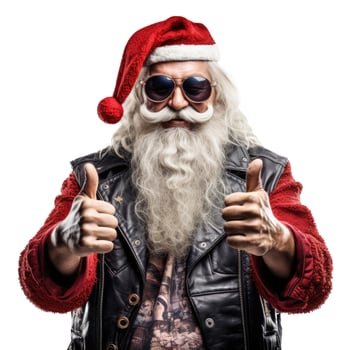 AI Generative Funny Santa Claus biker. In a leather jacket and sunglasses. Isolated on white photo