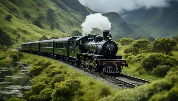 Steam train chugs through mountainous landscape, a nostalgic mode of transport generated by AI photo