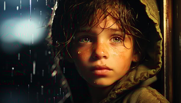 A cute child looking at camera, wet from the rain generated by AI photo