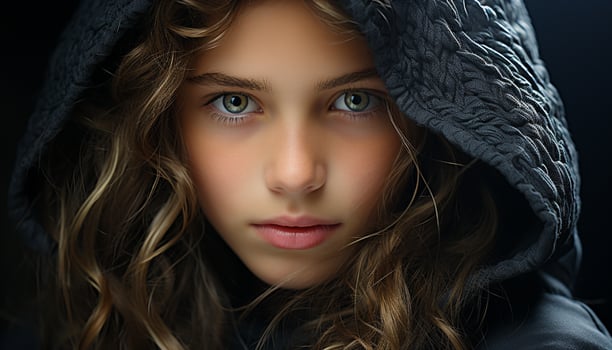 Portrait of a cute Caucasian girl with long curly brown hair generated by AI photo