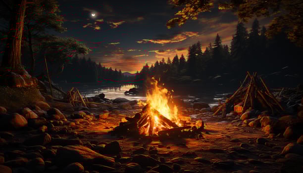 Burning campfire illuminates tranquil forest landscape, glowing in the dark generated by AI photo